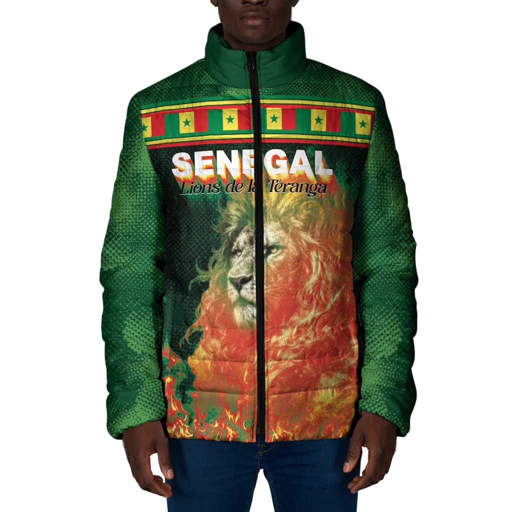 Custom Senegal Football Padded Jacket Fiery Lion Halftone Mix Gradient Map Style