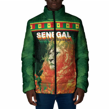 Custom Senegal Football Padded Jacket Fiery Lion Halftone Mix Gradient Map Style
