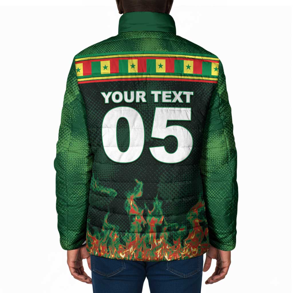 Custom Senegal Football Padded Jacket Fiery Lion Halftone Mix Gradient Map Style