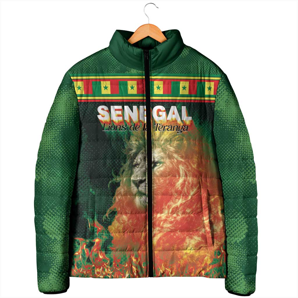 Custom Senegal Football Padded Jacket Fiery Lion Halftone Mix Gradient Map Style
