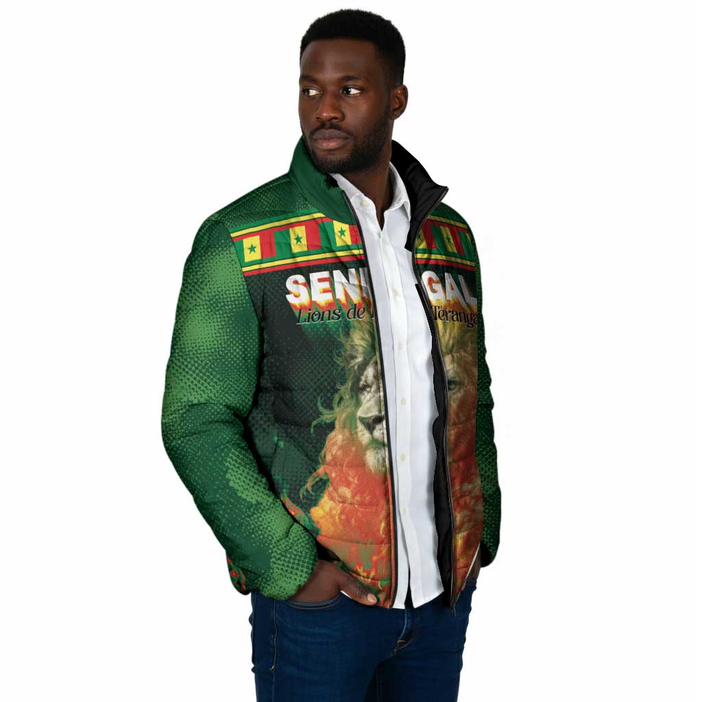 Custom Senegal Football Padded Jacket Fiery Lion Halftone Mix Gradient Map Style