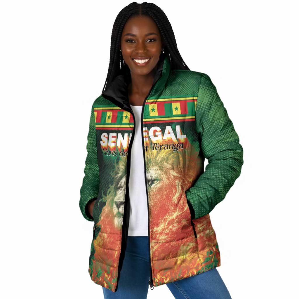 Custom Senegal Football Padded Jacket Fiery Lion Halftone Mix Gradient Map Style