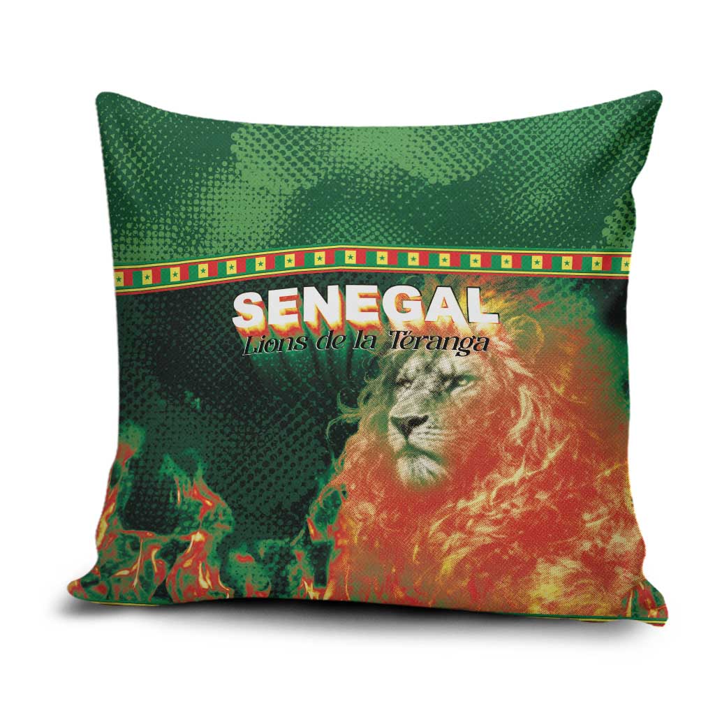 Senegal Football Pillow Cover Fiery Lion Halftone Mix Gradient Map Style