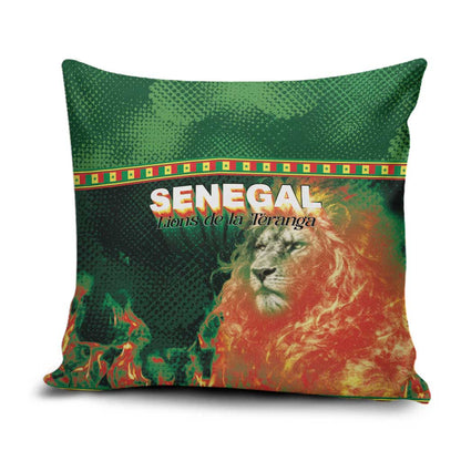 Senegal Football Pillow Cover Fiery Lion Halftone Mix Gradient Map Style
