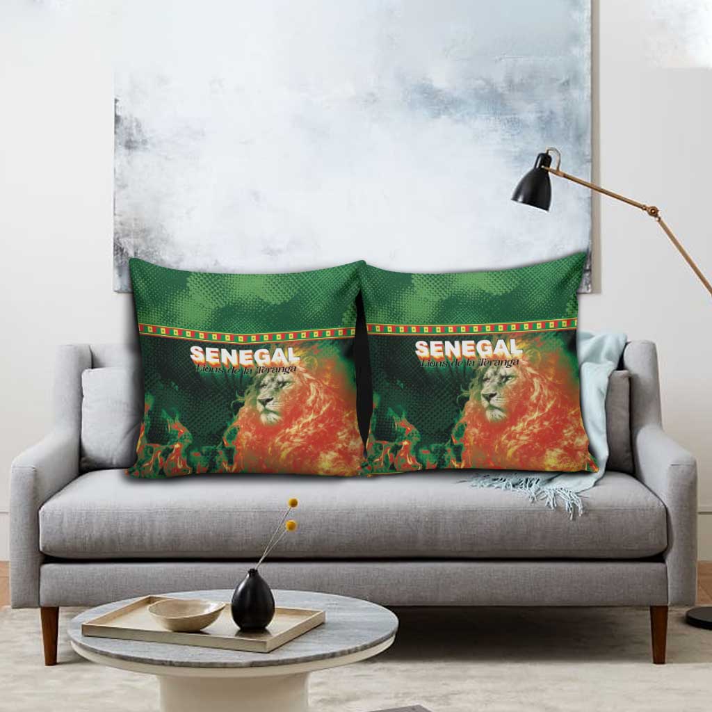 Senegal Football Pillow Cover Fiery Lion Halftone Mix Gradient Map Style