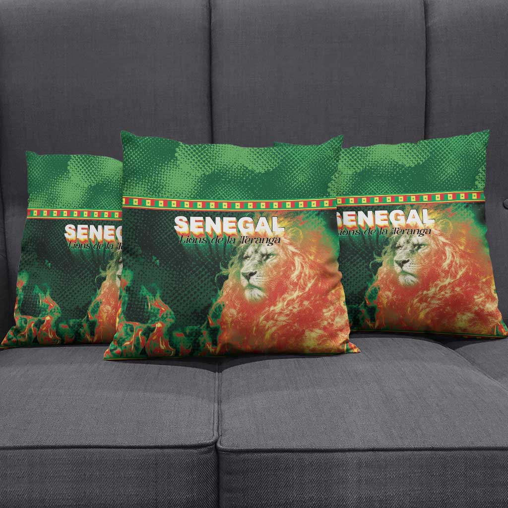 Senegal Football Pillow Cover Fiery Lion Halftone Mix Gradient Map Style