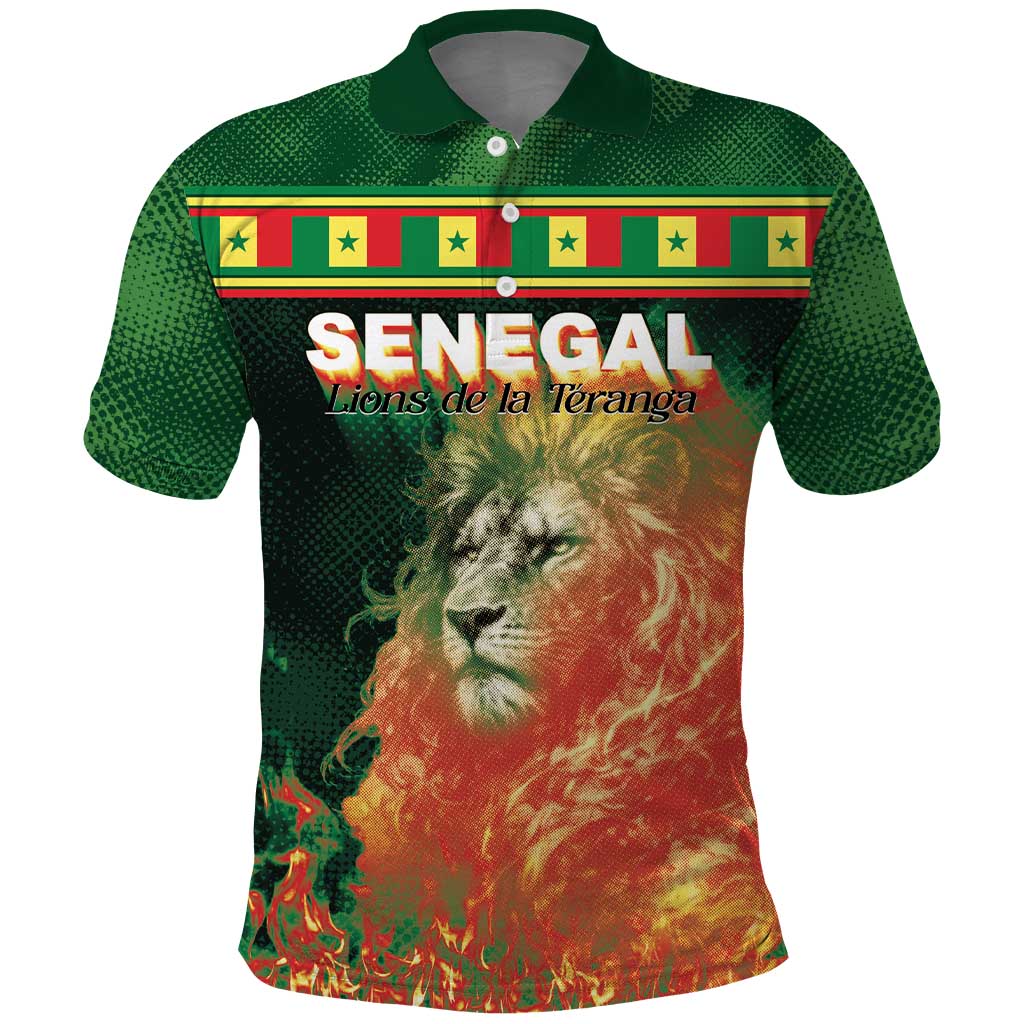 Custom Senegal Football Polo Shirt Fiery Lion Halftone Mix Gradient Map Style