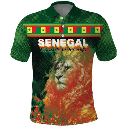 Custom Senegal Football Polo Shirt Fiery Lion Halftone Mix Gradient Map Style