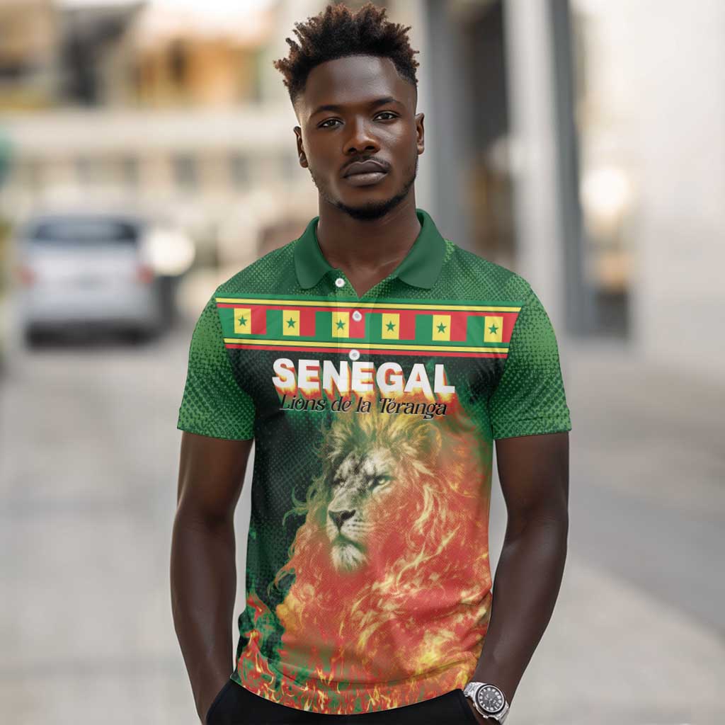 Custom Senegal Football Polo Shirt Fiery Lion Halftone Mix Gradient Map Style