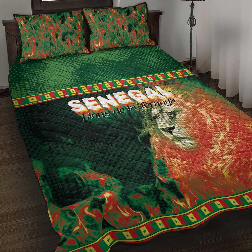 Senegal Football Quilt Bed Set Fiery Lion Halftone Mix Gradient Map Style