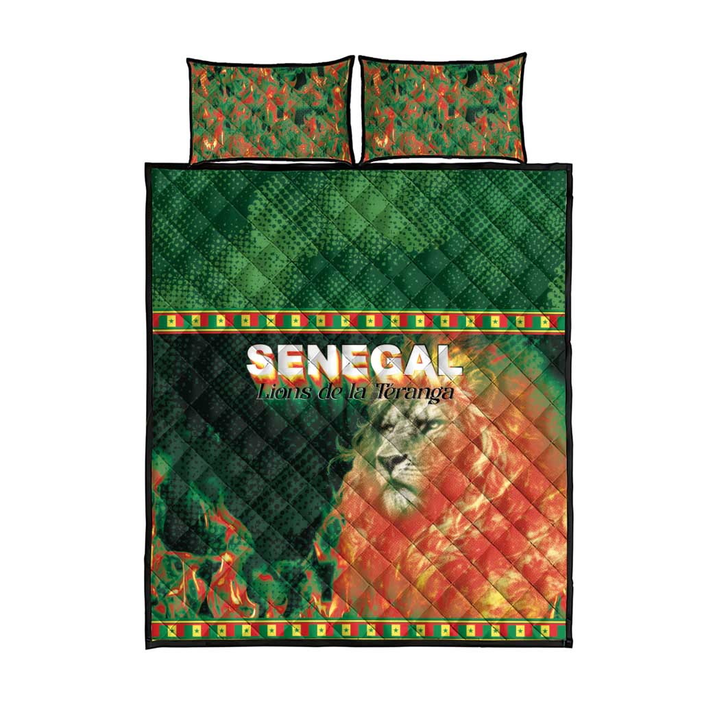 Senegal Football Quilt Bed Set Fiery Lion Halftone Mix Gradient Map Style