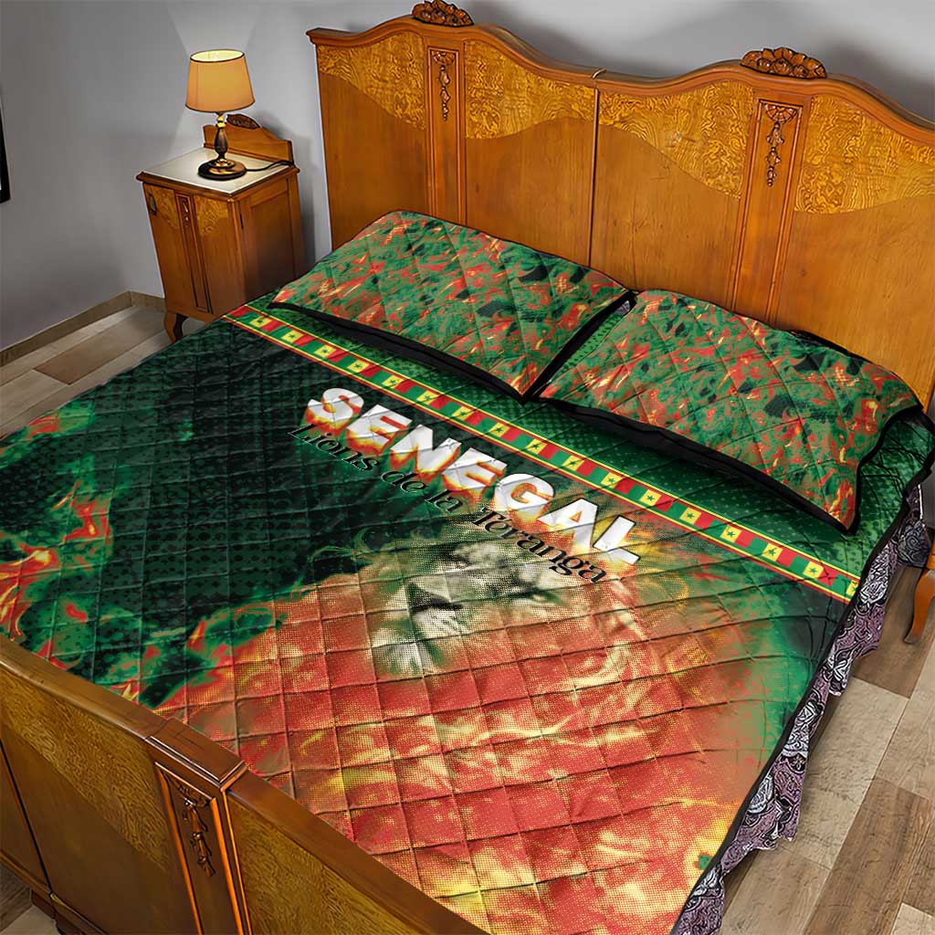 Senegal Football Quilt Bed Set Fiery Lion Halftone Mix Gradient Map Style