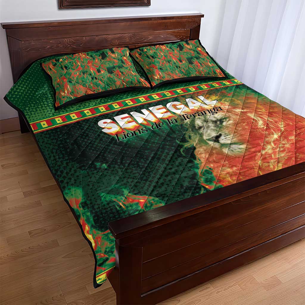 Senegal Football Quilt Bed Set Fiery Lion Halftone Mix Gradient Map Style
