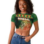 Custom Senegal Football Raglan Cropped T shirt Fiery Lion Halftone Mix Gradient Map Style