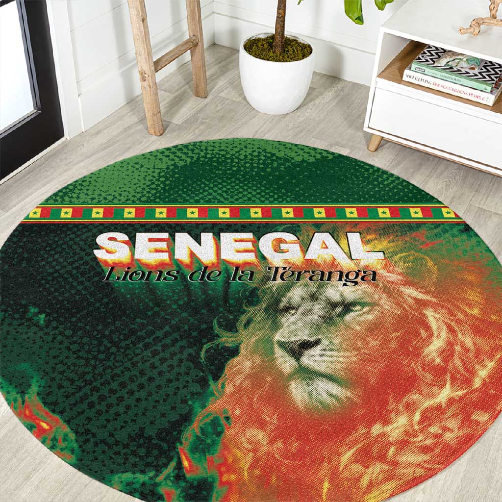 Senegal Football Round Carpet Fiery Lion Halftone Mix Gradient Map Style