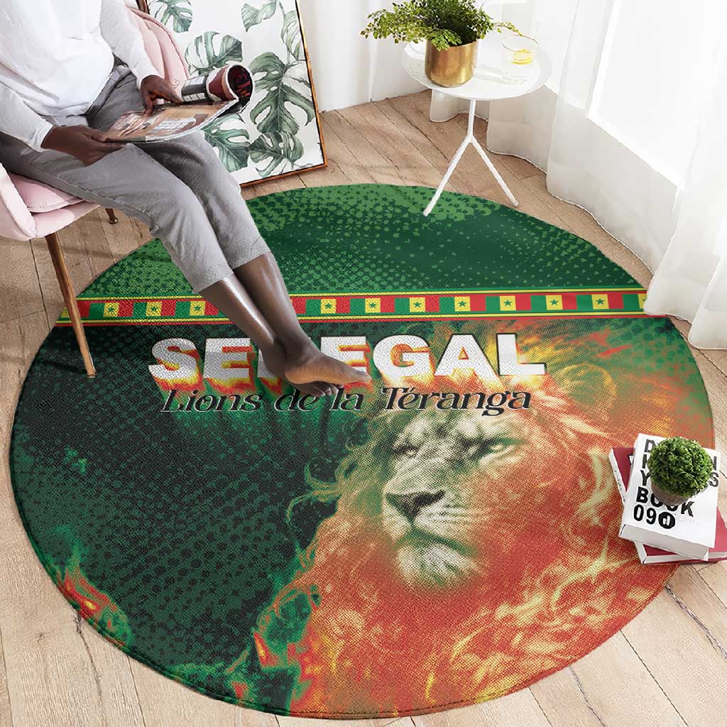 Senegal Football Round Carpet Fiery Lion Halftone Mix Gradient Map Style
