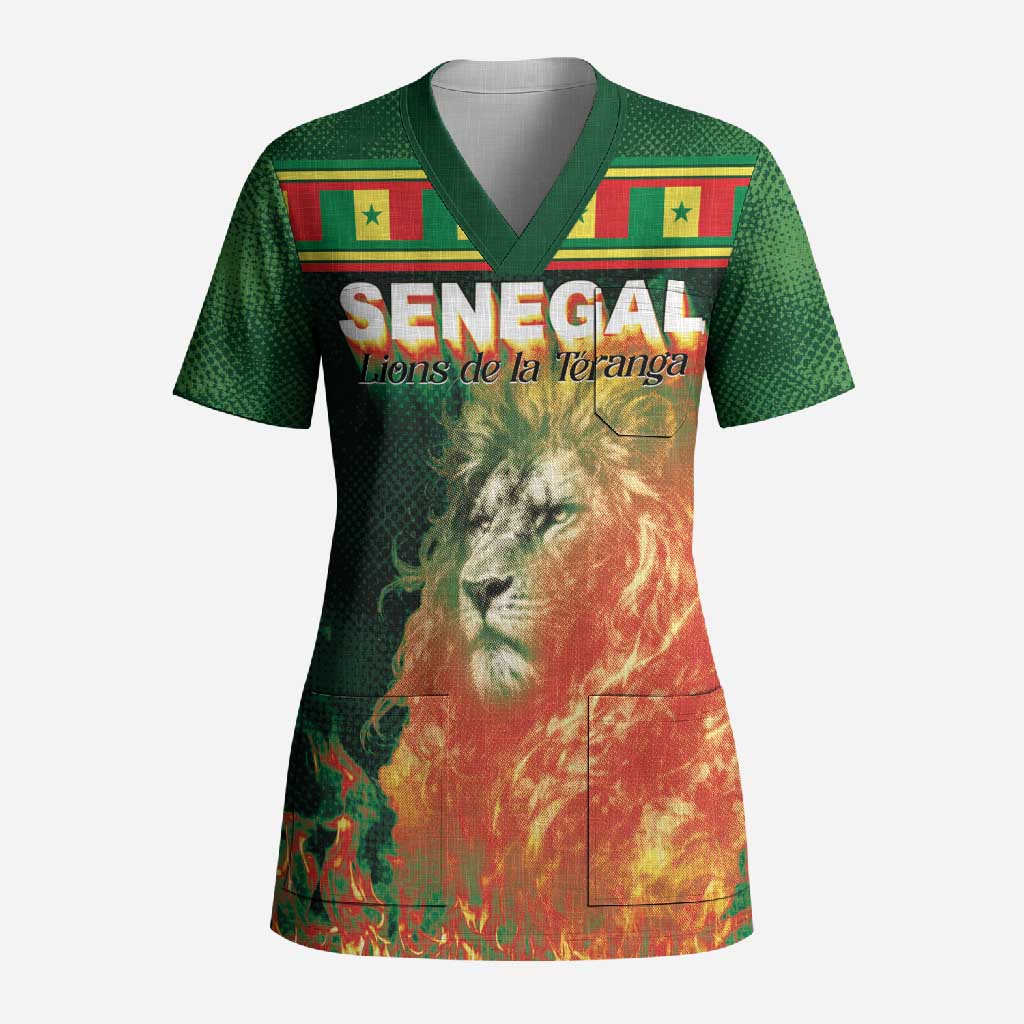 Custom Senegal Football Scrub Top Fiery Lion Halftone Mix Gradient Map Style