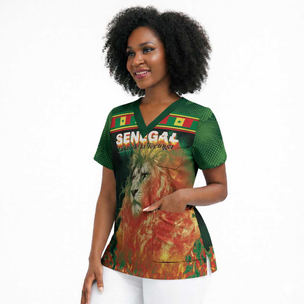 Custom Senegal Football Scrub Top Fiery Lion Halftone Mix Gradient Map Style