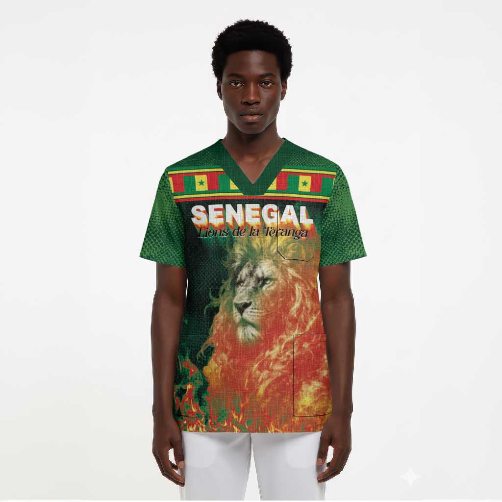 Custom Senegal Football Scrub Top Fiery Lion Halftone Mix Gradient Map Style