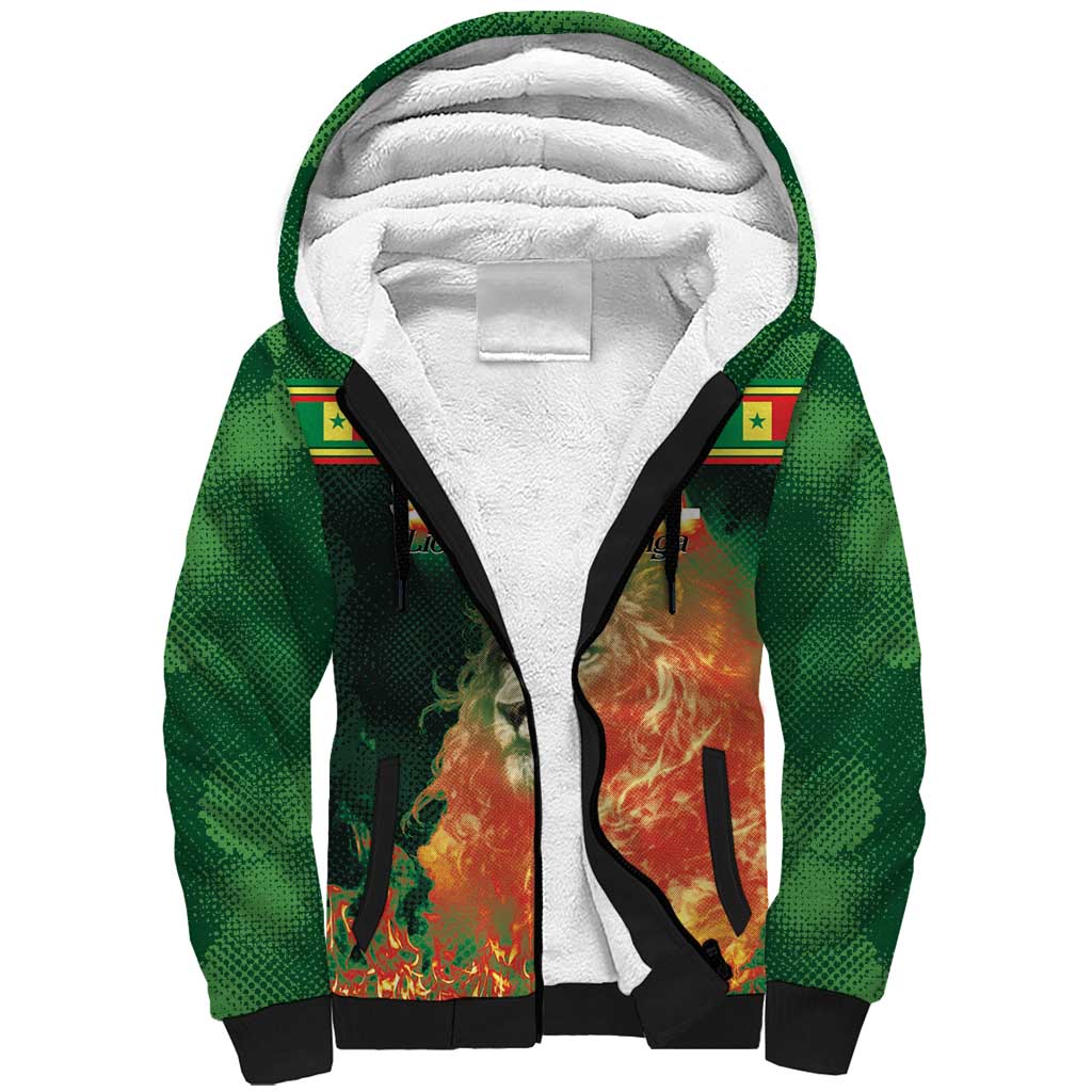 Custom Senegal Football Sherpa Hoodie Fiery Lion Halftone Mix Gradient Map Style