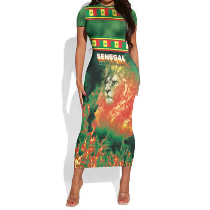 Custom Senegal Football Short Sleeve Bodycon Dress Fiery Lion Halftone Mix Gradient Map Style