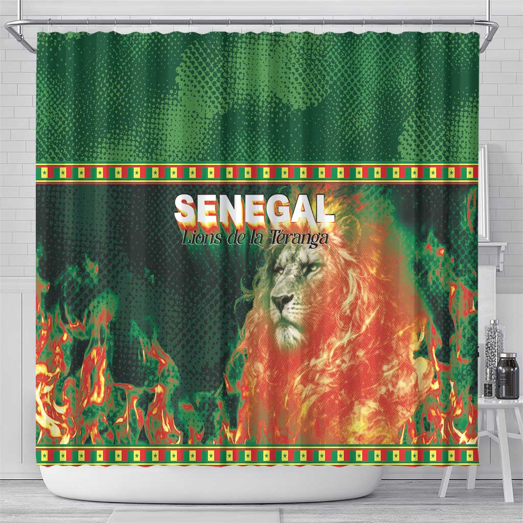 Senegal Football Shower Curtain Fiery Lion Halftone Mix Gradient Map Style