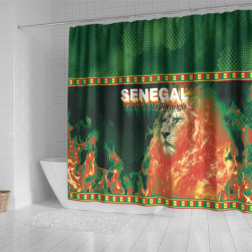 Senegal Football Shower Curtain Fiery Lion Halftone Mix Gradient Map Style