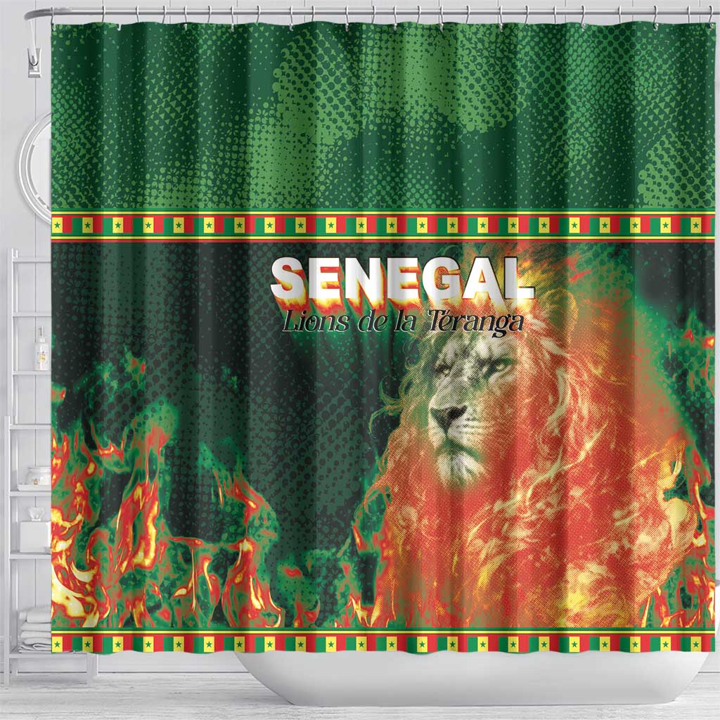 Senegal Football Shower Curtain Fiery Lion Halftone Mix Gradient Map Style