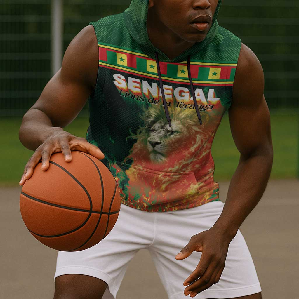 Custom Senegal Football Sleeveless Hoodie Fiery Lion Halftone Mix Gradient Map Style