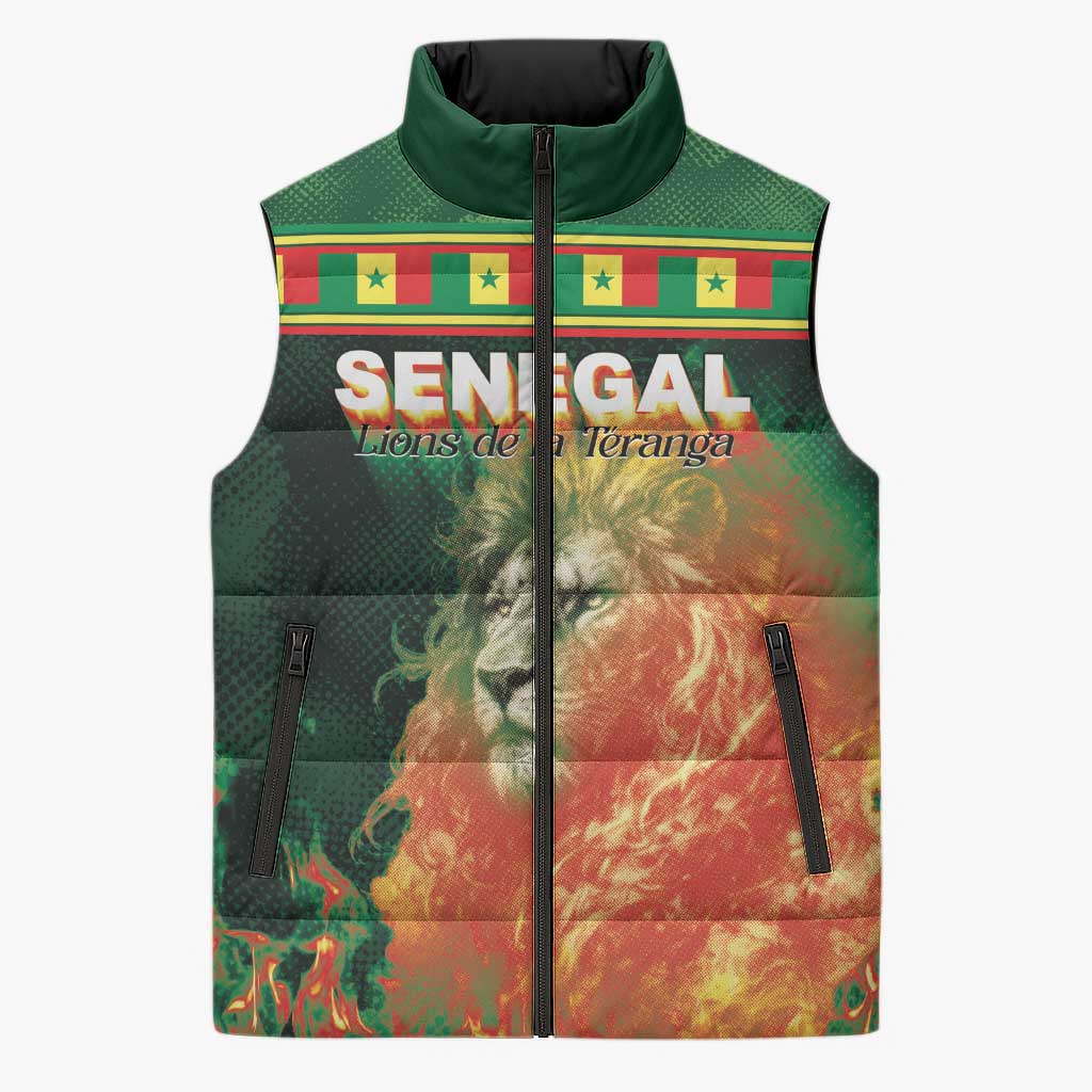 Custom Senegal Football Sleeveless Puffer Jacket Fiery Lion Halftone Mix Gradient Map Style