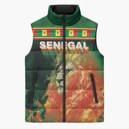 Custom Senegal Football Sleeveless Puffer Jacket Fiery Lion Halftone Mix Gradient Map Style
