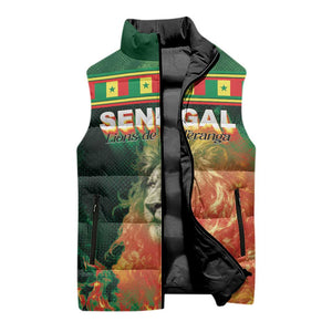 Custom Senegal Football Sleeveless Puffer Jacket Fiery Lion Halftone Mix Gradient Map Style
