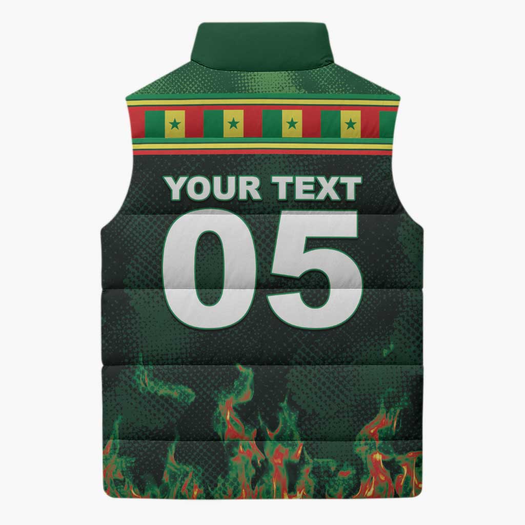 Custom Senegal Football Sleeveless Puffer Jacket Fiery Lion Halftone Mix Gradient Map Style