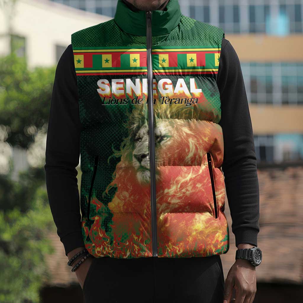 Custom Senegal Football Sleeveless Puffer Jacket Fiery Lion Halftone Mix Gradient Map Style