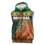 Custom Senegal Football Sleeveless Zip Hoodie Fiery Lion Halftone Mix Gradient Map Style