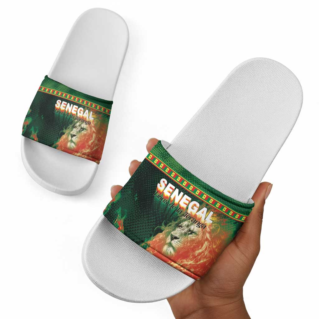 Senegal Football Slide Sandals Fiery Lion Halftone Mix Gradient Map Style