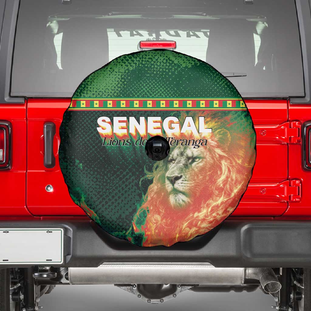 Senegal Football Spare Tire Cover Fiery Lion Halftone Mix Gradient Map Style