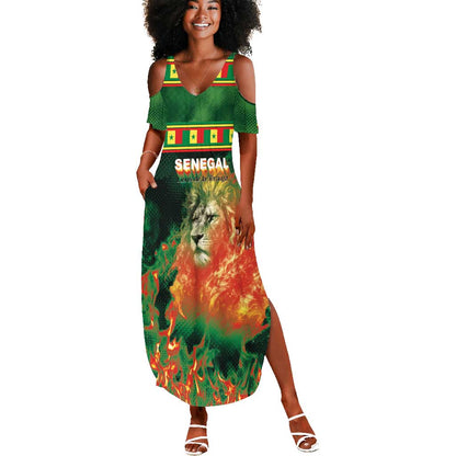 Custom Senegal Football Summer Maxi Dress Fiery Lion Halftone Mix Gradient Map Style