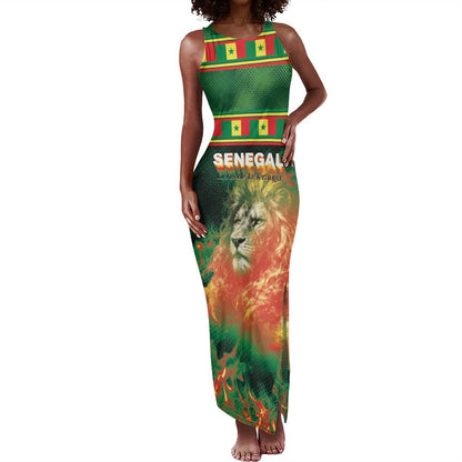 Custom Senegal Football Tank Maxi Dress Fiery Lion Halftone Mix Gradient Map Style