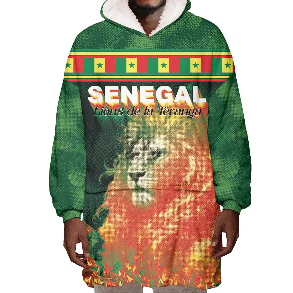 Custom Senegal Football Wearable Blanket Hoodie Fiery Lion Halftone Mix Gradient Map Style