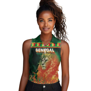 Custom Senegal Football Women Sleeveless Polo Shirt Fiery Lion Halftone Mix Gradient Map Style