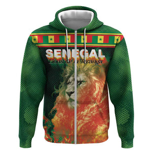 Custom Senegal Football Zip Hoodie Fiery Lion Halftone Mix Gradient Map Style