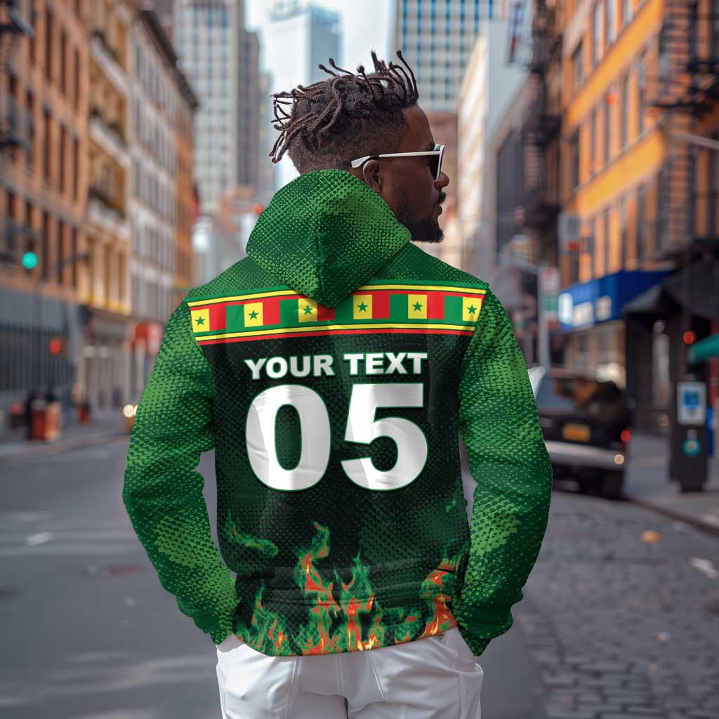 Custom Senegal Football Zip Hoodie Fiery Lion Halftone Mix Gradient Map Style