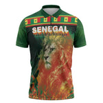 Custom Senegal Football Zipper Polo Shirt Fiery Lion Halftone Mix Gradient Map Style