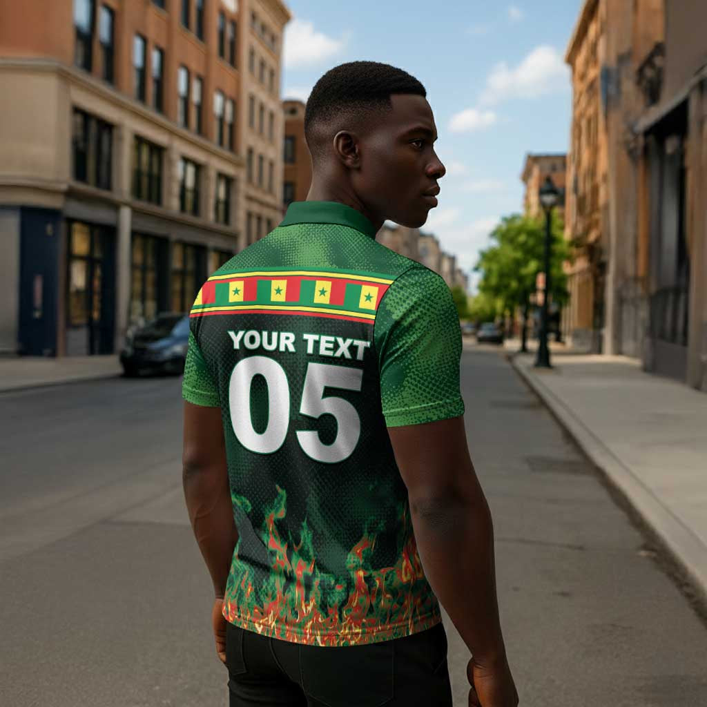 Custom Senegal Football Zipper Polo Shirt Fiery Lion Halftone Mix Gradient Map Style