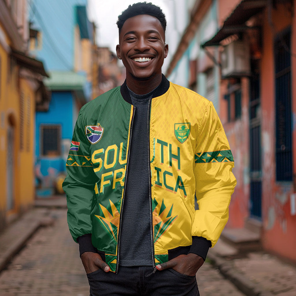 Custom South Africa Football Bomber Jacket Diamond Protea Flower Symmetrical Style