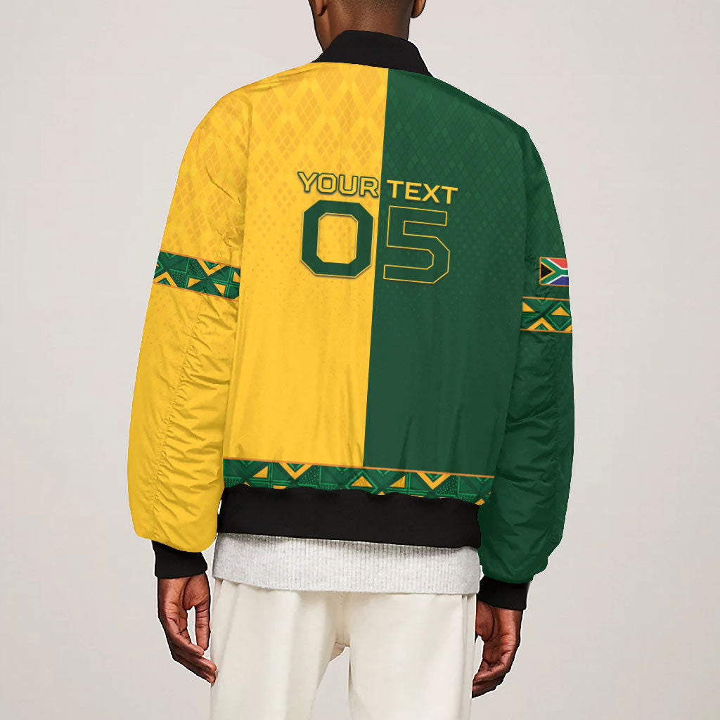 Custom South Africa Football Bomber Jacket Diamond Protea Flower Symmetrical Style