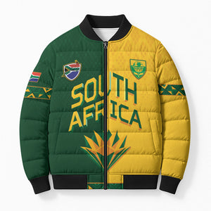 Custom South Africa Football Bomber Puffer Jacket Diamond Protea Flower Symmetrical Style