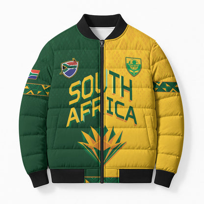 Custom South Africa Football Bomber Puffer Jacket Diamond Protea Flower Symmetrical Style