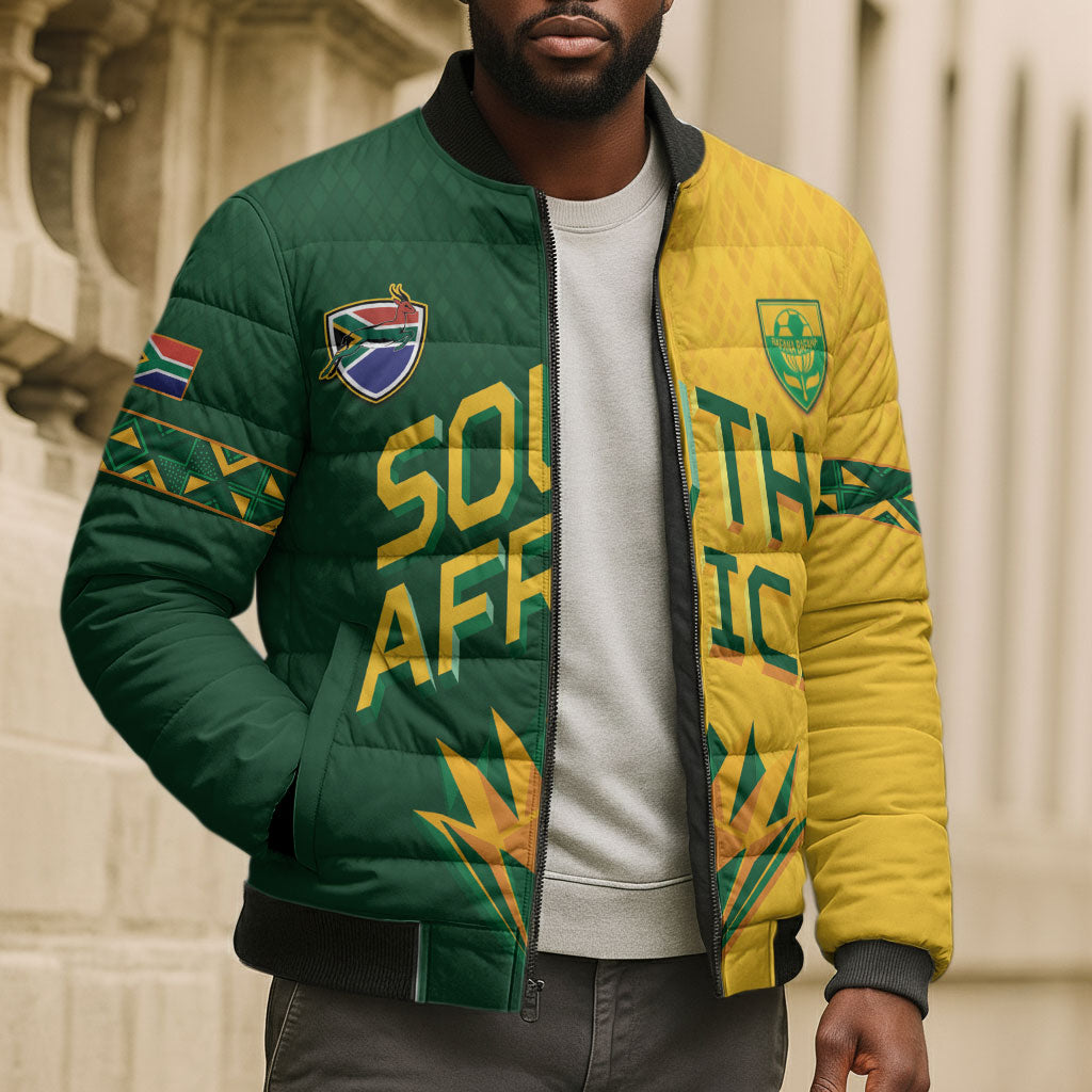 Custom South Africa Football Bomber Puffer Jacket Diamond Protea Flower Symmetrical Style